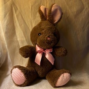 Brown stuffed bunny with pink ears, bow & feet 3 & up